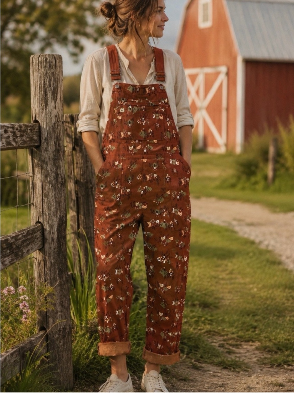 Duluth Heirloom Gardening Bib Overalls in Henna Garden Gnomes Size XS